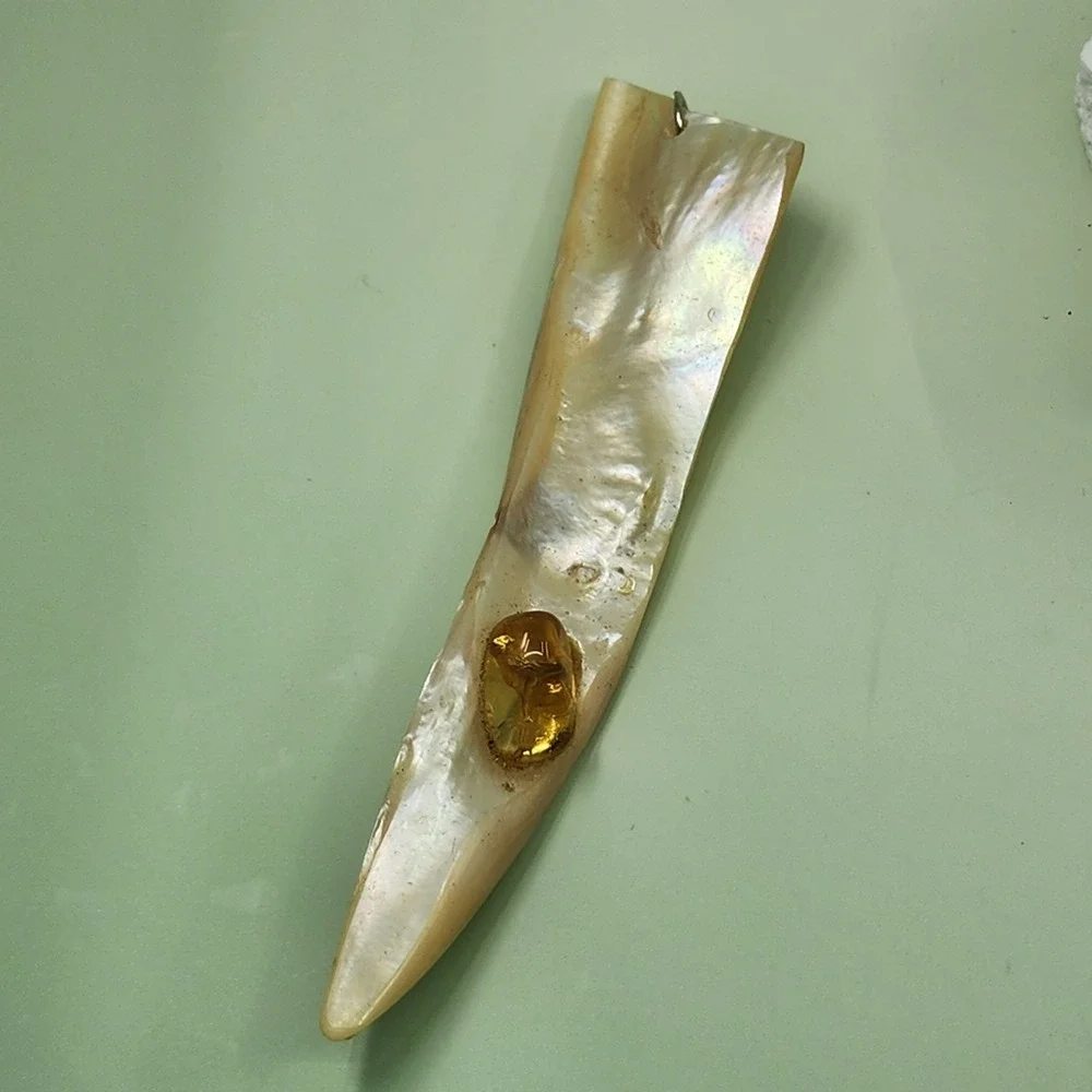 Mother of Pearl Shell Pendant Amber Tone Cabochon Long Tapered Artisan Jewelry